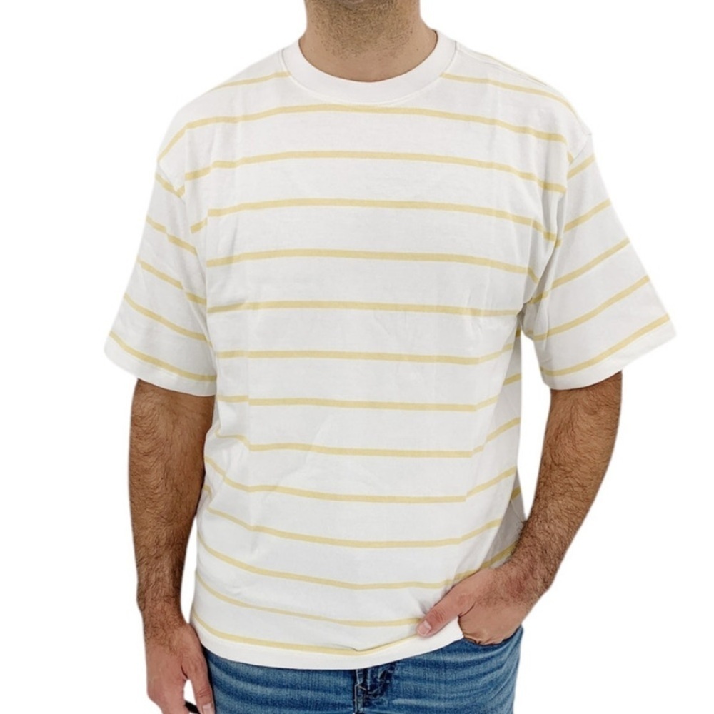 AYR T Shirt The Capital T Mens White Yellow Stripe Knit Short Sleeve